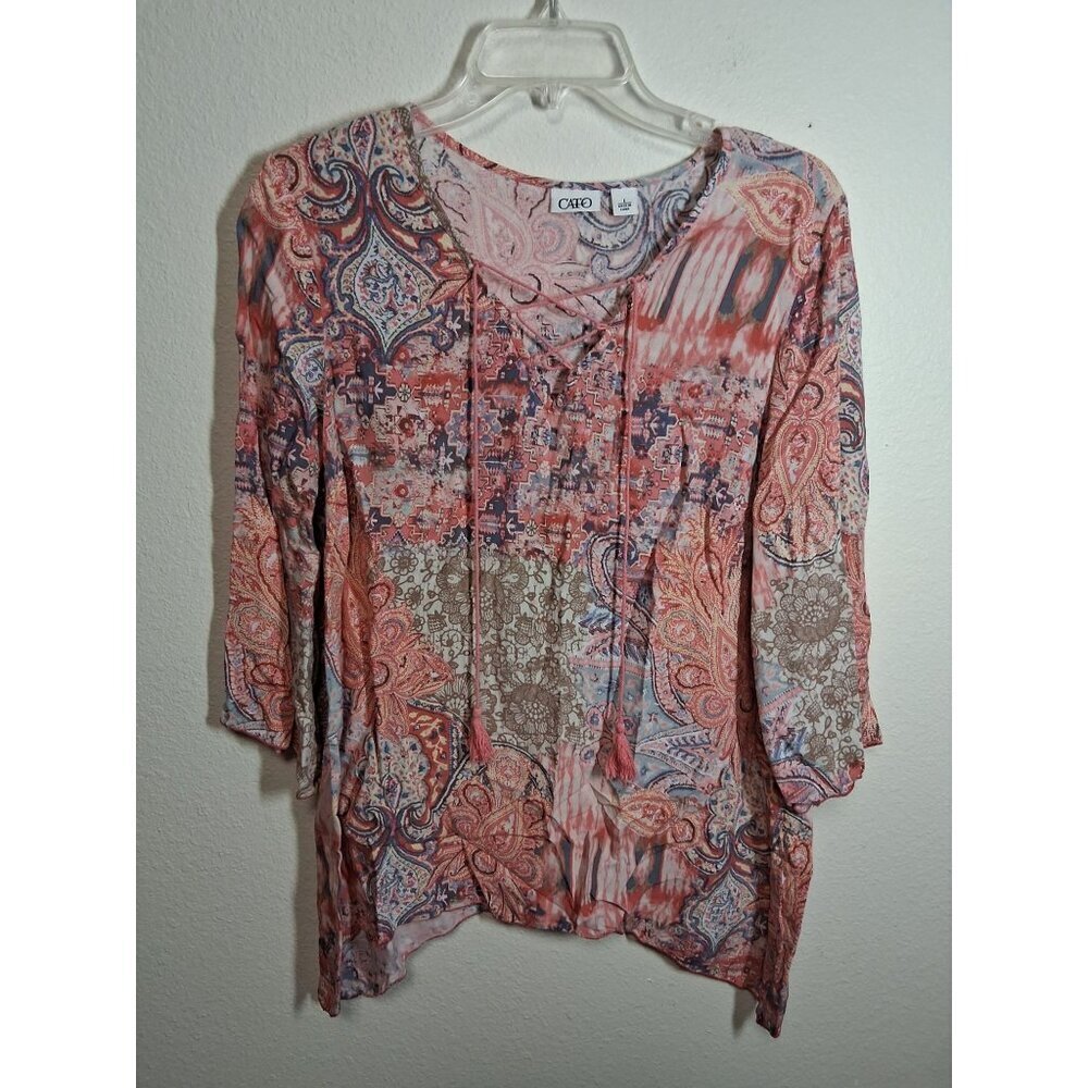Cato Blouse Boho Business Casual Granny Y2K Paisley Sharkbite Hem Pink SZ Large